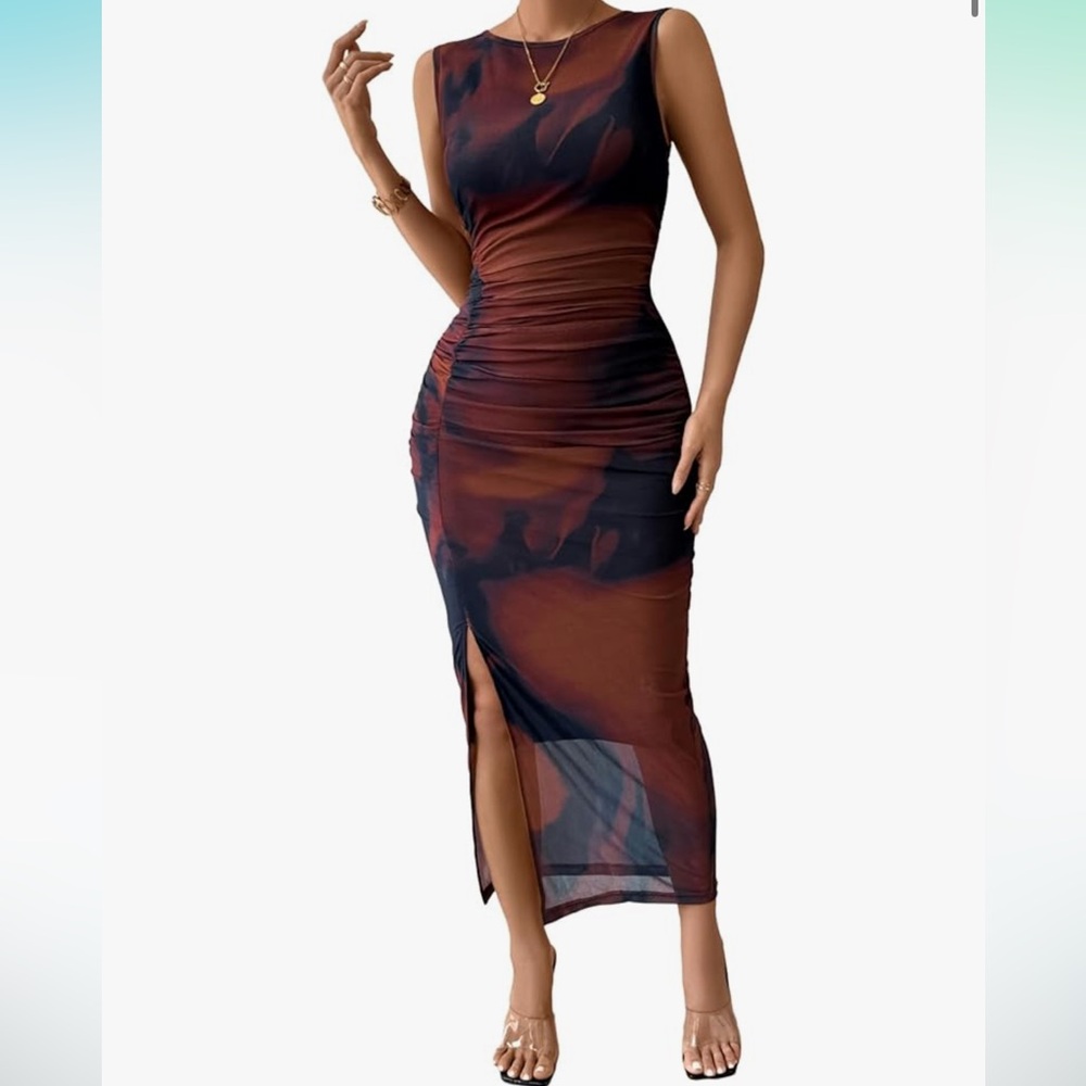 Milumia Women's Tie Dye Ruched Bodycon Dress Mesh Sleeveless Long Tank Dresses